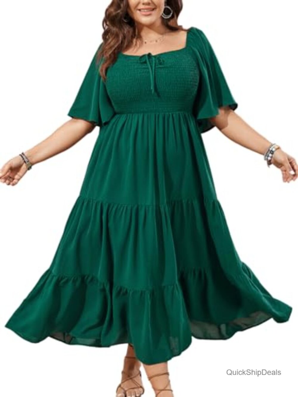 Plus Size Flowy Maxi Dress Flutter Sleeve Square Neck Smocked Boho Formal
